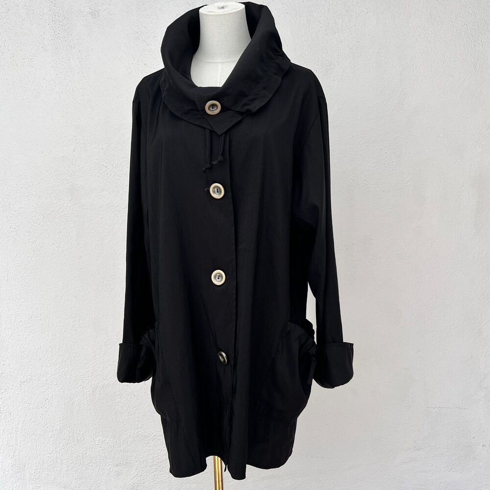 Janska Lightweight Black Swing Lagenlook Coat Funnel Neck Raglan Sleeve Sz XL